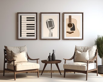 Puede incluir: Tres ilustraciones enmarcadas de instrumentos musicales y un micrófono. Las ilustraciones son de estilo minimalista con fondo blanco. Los marcos son de madera marrón. Las ilustraciones son de un teclado de piano, un micrófono y una guitarra acústica.