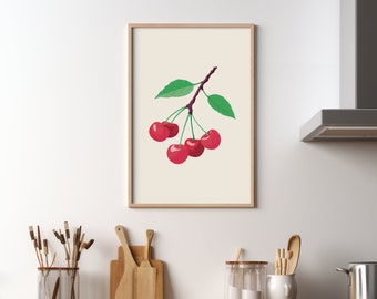 Kirschen Botanisches Poster - Obst Kunst - Minimalistisches Küchendekor - Mid-Century Wandkunst - Boho Stil - Geschenk für Kirschliebhaber