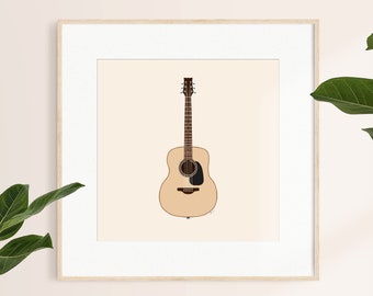 May include: A framed illustration of an acoustic guitar with a natural wood finish. The guitar is centered in the frame and has a light brown background.