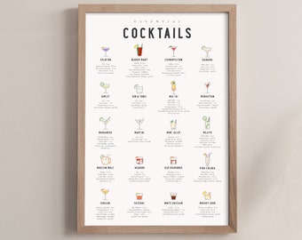 Cocktail Guide - Vertical Cocktail Poster - Bar Decor - Cocktail Menu - Cocktail Art - Kitchen Art - Cocktail Guide - Cocktail Lover Gift