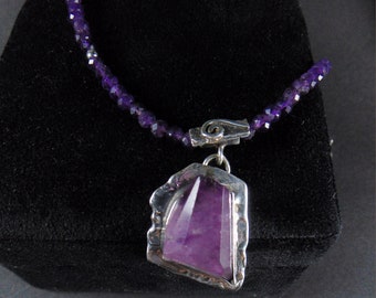 Amethyst necklace with a large fluorite crystal, Violet Natural Stones, Art Jewelry, Real Silversmithing, Natural amethyst