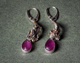 Earrings from the "Twigs" collection with rubies,  Sterling Silver Earrings with rubies,, Handmade Earrings, Gift fore Women, Natural Stones
