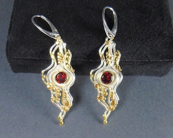 Sterling Silver Earrings with Garnet, Garnet Earrings ,Long gold-plated earrings with garnets Red Earrings, Red Stone, Atr Silver, Boho Gift