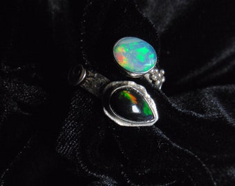 Sterling Silver Ring with Opal, Two Ethiopian Opals Ring, Black and Blue Opals, Opals Jewelry, Handcrafted Jewelry, Silversmith Jewelry,