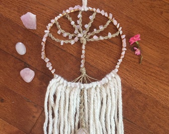 Tree Of Life Dreamcatcher//Moonstone//Rose Quartz// Heart Chakra//Hemp Macrame// Home Decor