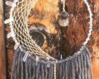Moon Dreamcatcher: Aura Quartz, Flourite & Selenite, Chakra Wall Decor