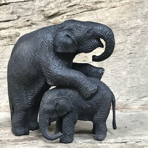 Hand Carved Baby elephants playing figurine, Wood Carving, Elephant Carving, Realistic, Teak, Unique wooden sculpture, Thai, Asian Elephant