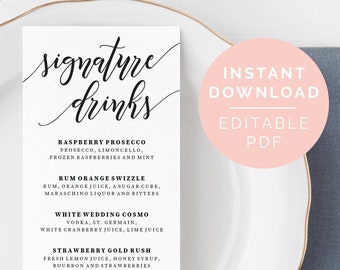 Signature Drinks Bar Menu | Printable Bar Menu Sign | Editable Wedding Menu Template | DIY Menu | Cocktails Menu | PDF Instant Download