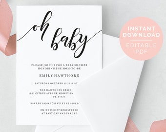 Printable Baby Shower Invitation | Editable Baby Shower Invite Template | Oh Baby | Baby Sprinkle | Baby Shower | PDF Instant Download