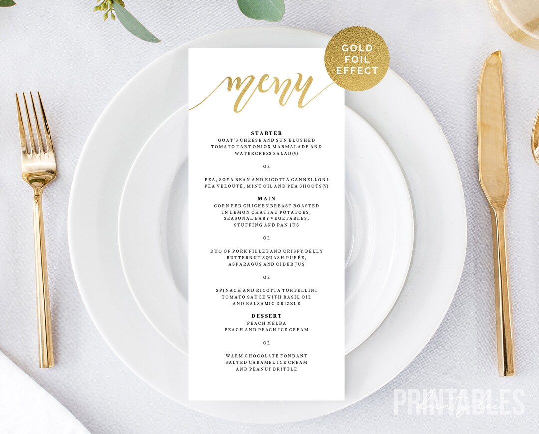 Gold Editable Menu Template Foil Effect Printable Wedding Menu Wedding ...