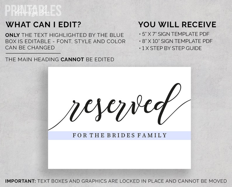 Printable Wedding Reserved Sign Editable Reserved Template Etsy
