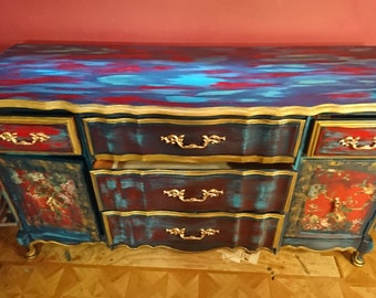 Mid-century red blue gold custom dresser hand painted real wood furniture