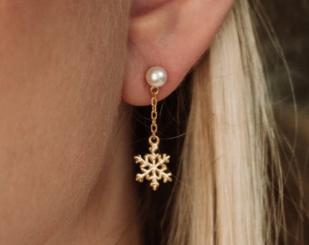 Snowflake Earrings, Gold Dangle Earrings, Snowflake Pearl Earrings, Pearl Earrings, Winter Earrings, Holiday Earrings, Christmas Earrings