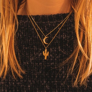 Cactus Moon Necklaces, Gold Layering Necklaces, 18K Gold Jewelry Set, Boho Desert Jewelry, Mothers Day Gift for Her, Charm Necklaces