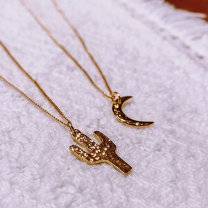 May include: Two gold necklaces with pendants. One pendant is a crescent moon and the other is a cactus. The necklaces are on a white fuzzy surface.