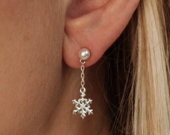 Snowflake Earrings, Silver Dangle Earrings, Snowflake Pearl Earrings, Pearl Earrings, Winter Earrings, Holiday Earrings, Christmas Earrings