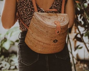 Handwoven Rattan Backpack, Leather Straps, Balinese Batik Lining