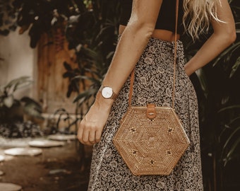 Handwoven Rattan Hexagon Bag, Boho Crossbody Purse