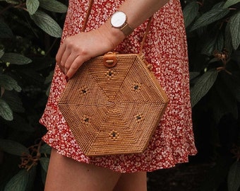 Borsa VEGANA, borsa in vimini, borsa boho, borsa in pelle vegana, borsa in rattan, borsa di paglia, borsa in rattan, borsa a tracolla, regalo per la festa della mamma per lei