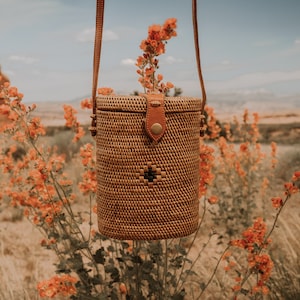 Rattan Tube Bag, Oval Straw Bag, Crossbody Bag, Wicker Purse, Bali Bag, Boho Bag, Straw Bag with Leather Buckle, Mothers Day Gift for Her