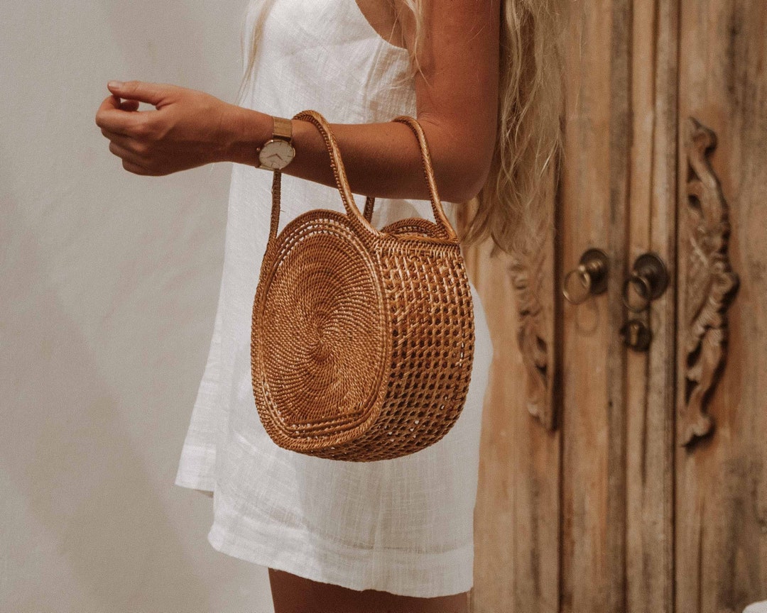 Top Handle Straw Handbag, Round Rattan Bag, Woven Bag, Basket Purse