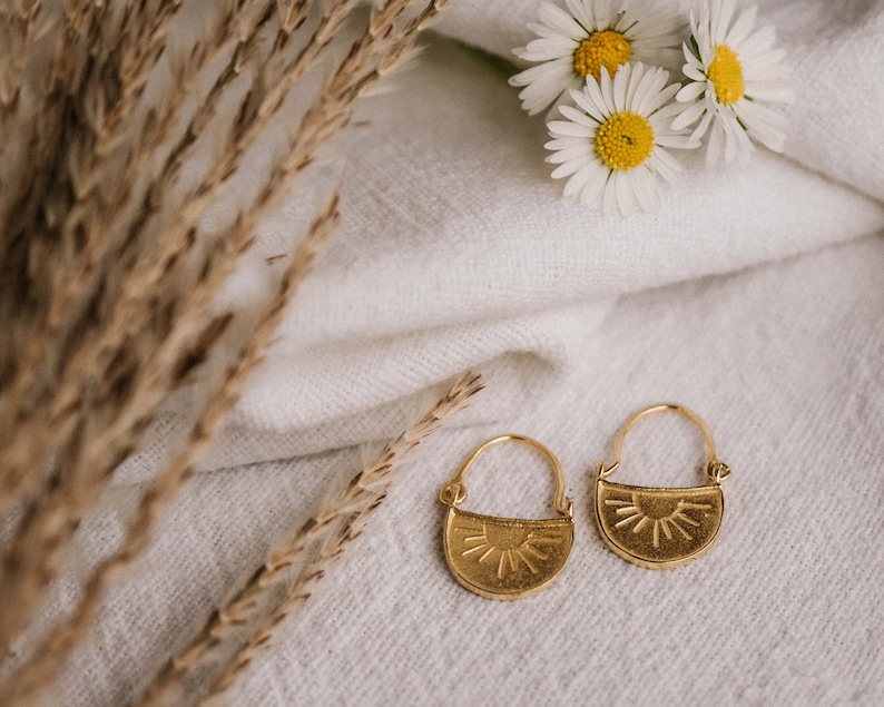 Sun Earrings Dangle, Gold Boho Earrings, Eclectic Jewelry, Tiny Gold Hoops, 18K Gold Earrings, Drop Earrings, Vintage Mothers Day Gift image 1