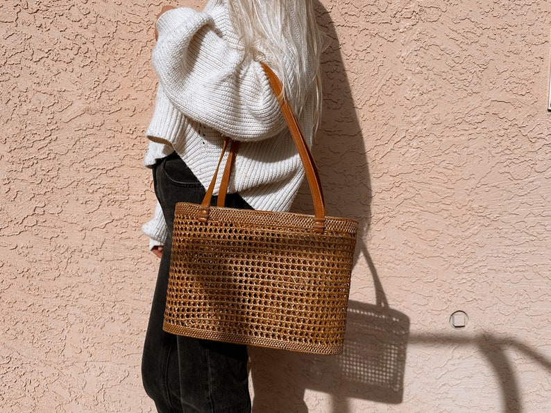 Straw Bag Leather Handle, Rattan Bag Bucket, French Market Tote, Beach Bag, Straw Bag Large, Wicker Bag Basket, Mothers Day Gift for Her image 7