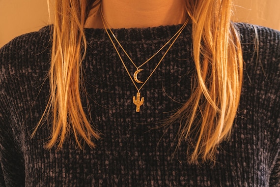 Cactus Moon Necklaces, Gold Layering Necklaces, 18K Gold Jewelry Set, Boho Desert Jewelry, Mothers Day Gift for Her, Charm Necklaces