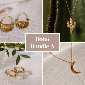 Gold Jewelry Set, Sun Earrings, Pearl Hoops, Moon Cactus Necklaces