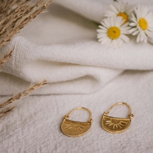 Sun Earrings Dangle, Gold Boho Earrings, Eclectic Jewelry, Tiny Gold Hoops, 18K Gold Earrings, Drop Earrings, Vintage Mothers Day Gift image 3