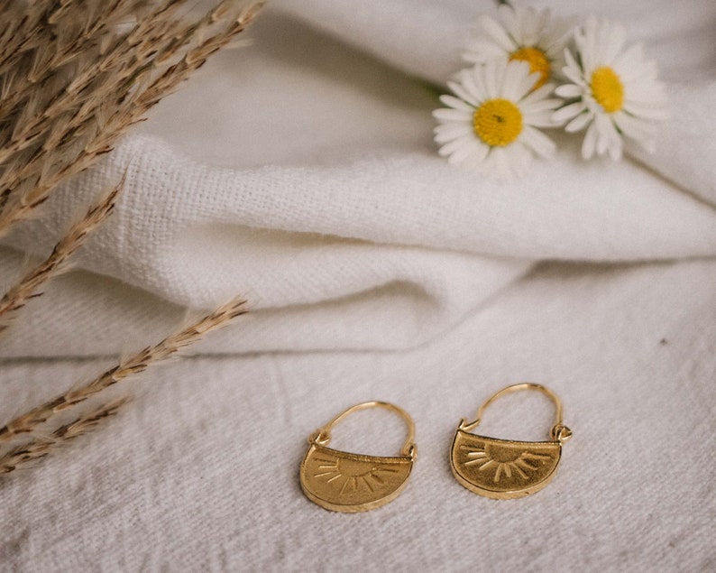 Sun Earrings Dangle, Gold Boho Earrings, Eclectic Jewelry, Tiny Gold Hoops, 18K Gold Earrings, Drop Earrings, Vintage Mothers Day Gift image 3
