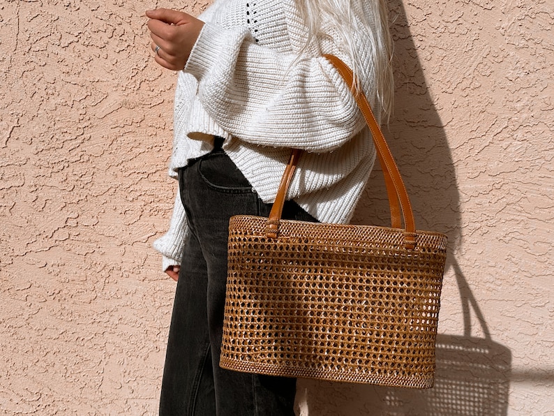 Straw Bag Leather Handle, Rattan Bag Bucket, French Market Tote, Beach Bag, Straw Bag Large, Wicker Bag Basket, Mothers Day Gift for Her image 4