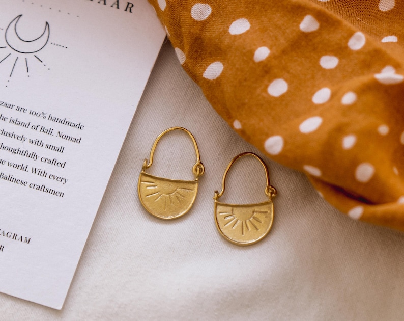 Sun Earrings Dangle, Gold Boho Earrings, Eclectic Jewelry, Tiny Gold Hoops, 18K Gold Earrings, Drop Earrings, Vintage Mothers Day Gift image 6
