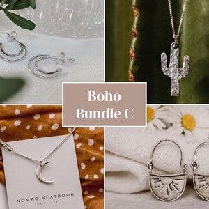 Sterling Silver Jewelry Set, Sun Moon Earrings, Cactus Necklace, Boho Bundle