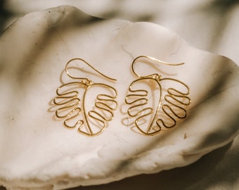 Gold Monstera Leaf Earrings, Handmade in Bali