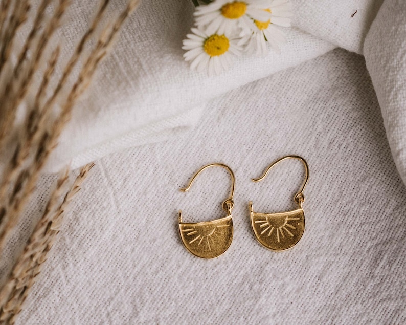 Sun Earrings Dangle, Gold Boho Earrings, Eclectic Jewelry, Tiny Gold Hoops, 18K Gold Earrings, Drop Earrings, Vintage Mothers Day Gift image 4