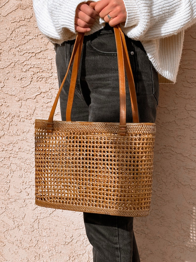 Straw Bag Leather Handle, Rattan Bag Bucket, French Market Tote, Beach Bag, Straw Bag Large, Wicker Bag Basket, Mothers Day Gift for Her image 3