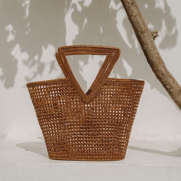 Triangle Rattan Basket Bag, Woven Market Tote, Bali Handbag