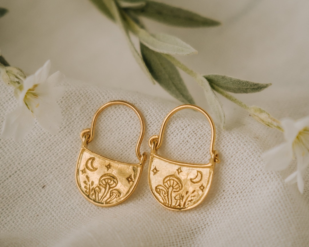 Gold Mushroom Earrings, Forest Earrings, Mushroom Jewelry, Gold Dangle Earrings, Cottagecore, Boho Earrings, Christmas Gift for Her