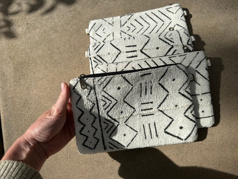 Large Mudcloth Wallet, Moroccan Clutch, Makeup Bag, Mudcloth Wristlet, Black and White Bag, Mothers Day Gift for Her image 2