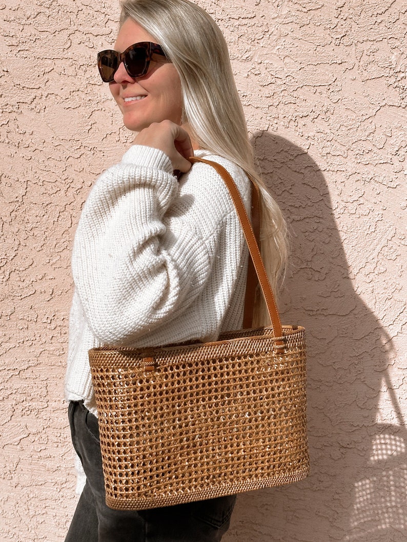 Straw Bag Leather Handle, Rattan Bag Bucket, French Market Tote, Beach Bag, Straw Bag Large, Wicker Bag Basket, Mothers Day Gift for Her image 5