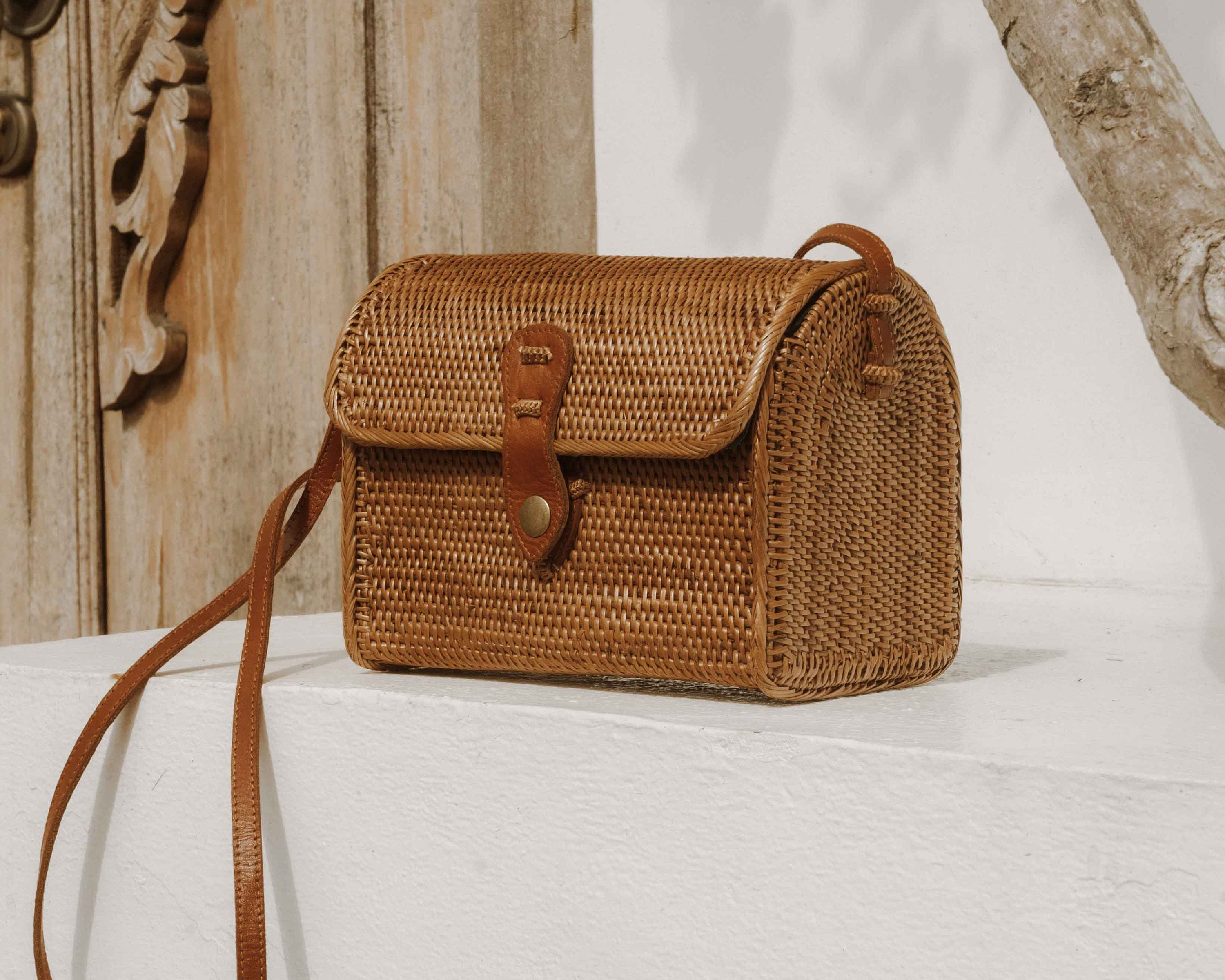 Bali Envelope Rattan Crossbody Bag with Adjustable Leather Strap