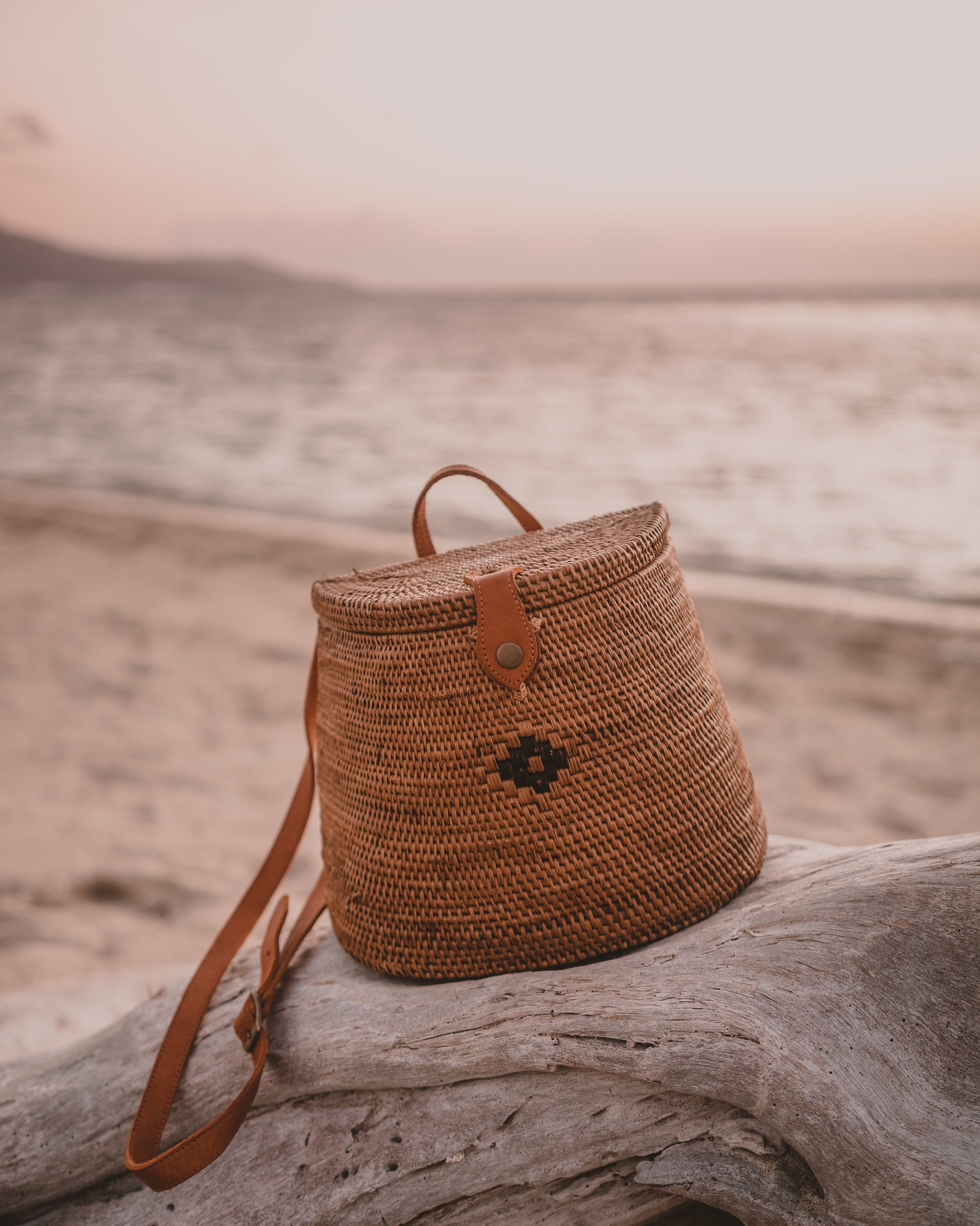 Rustic woven rattan and leather backpack 19th Century Handwoven Rattan Backpack with Inner Pockets  main image 2
