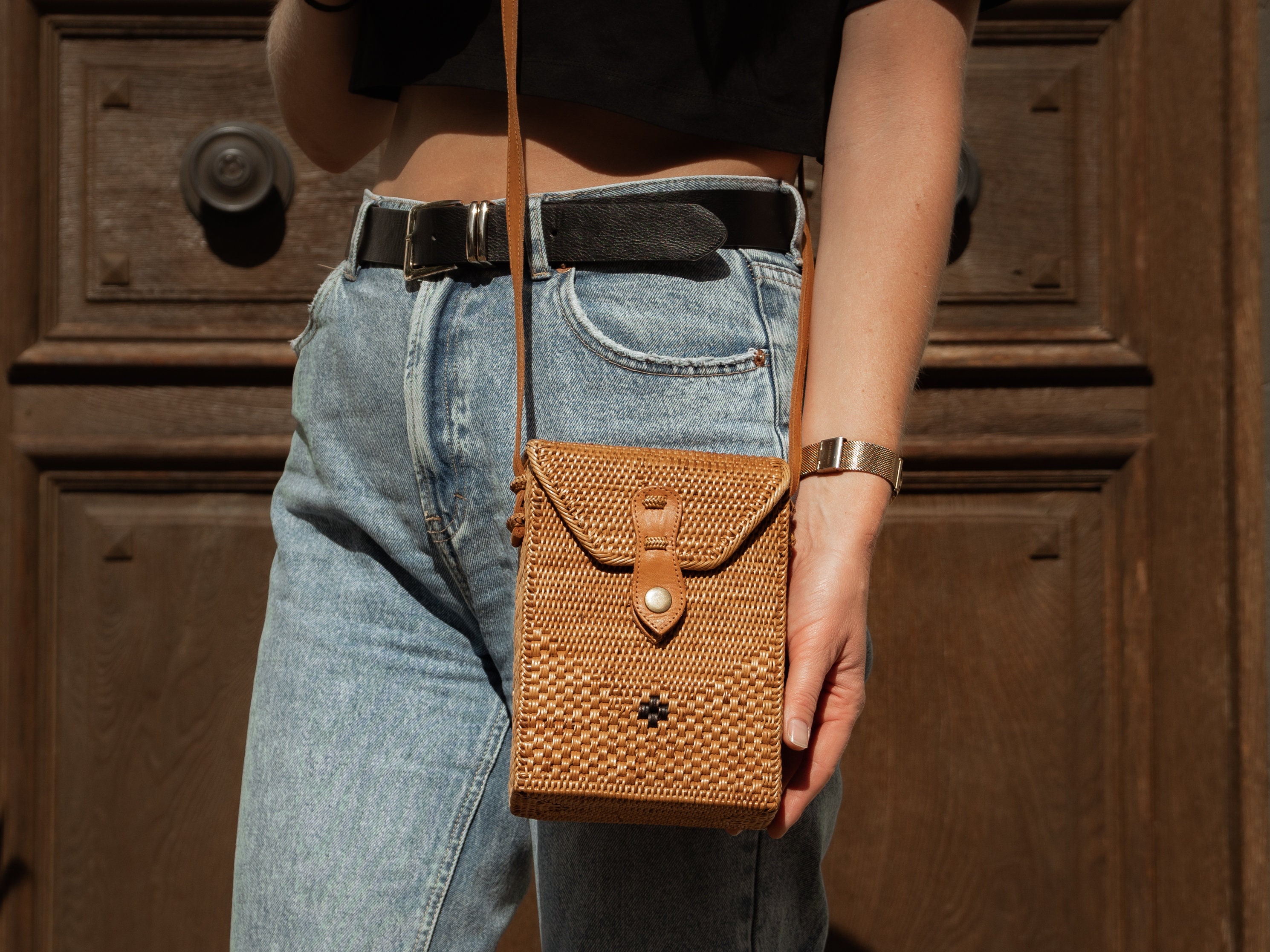 rattan cane + leather market fanny pack