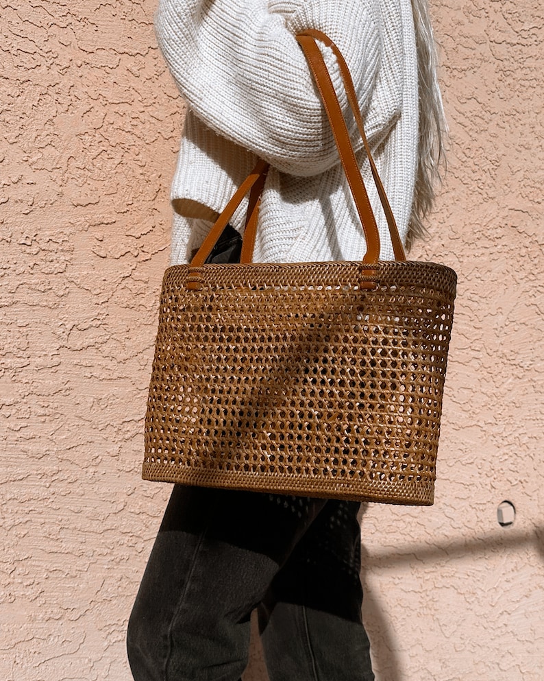 Straw Bag Leather Handle, Rattan Bag Bucket, French Market Tote, Beach Bag, Straw Bag Large, Wicker Bag Basket, Mothers Day Gift for Her image 2