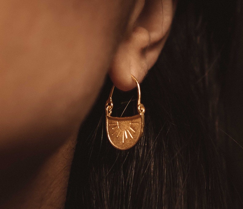 Sun Earrings Dangle, Gold Boho Earrings, Eclectic Jewelry, Tiny Gold Hoops, 18K Gold Earrings, Drop Earrings, Vintage Mothers Day Gift image 5