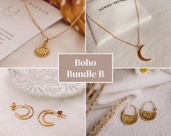 Smyckeset med sol och måne i guld, örhängen och halsband i sterlingsilver