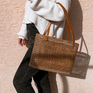 Straw Bag Leather Handle, Rattan Bag Bucket, French Market Tote, Beach Bag, Straw Bag Large, Wicker Bag Basket, Mothers Day Gift for Her image 9