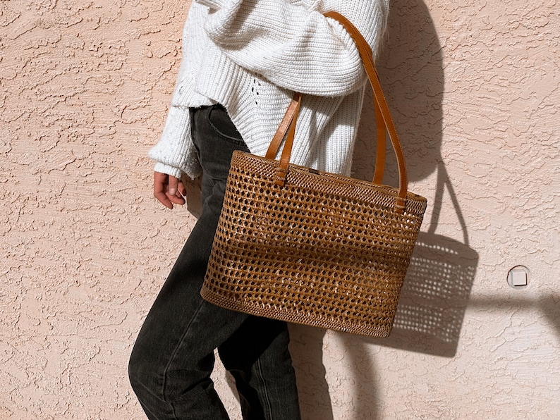 Straw Bag Leather Handle, Rattan Bag Bucket, French Market Tote, Beach Bag, Straw Bag Large, Wicker Bag Basket, Mothers Day Gift for Her image 9