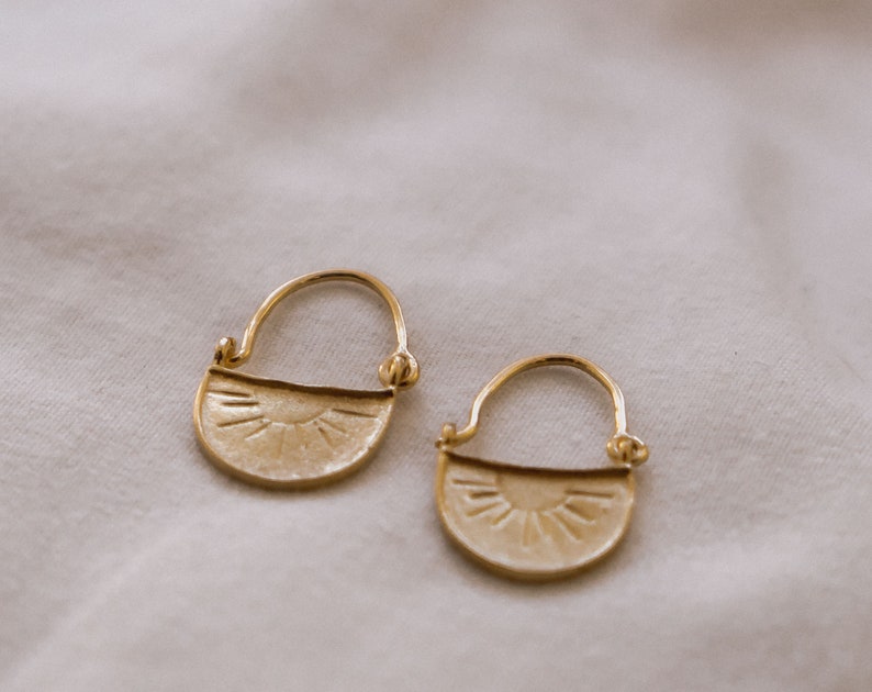 Sun Earrings Dangle, Gold Boho Earrings, Eclectic Jewelry, Tiny Gold Hoops, 18K Gold Earrings, Drop Earrings, Vintage Mothers Day Gift image 8